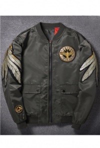Retro Gold Wings Embroidered Stand Up Collar Long Sleeve Zip Up Bomber Jacket